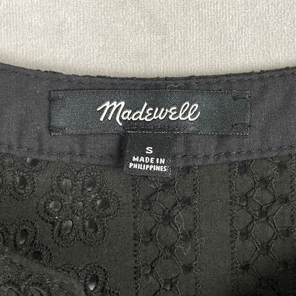 Madewell Black Cotton Victorian Goth Eyelet Tie Neck‎ Long Sleeve Blouse Top S - Picture 4 of 8